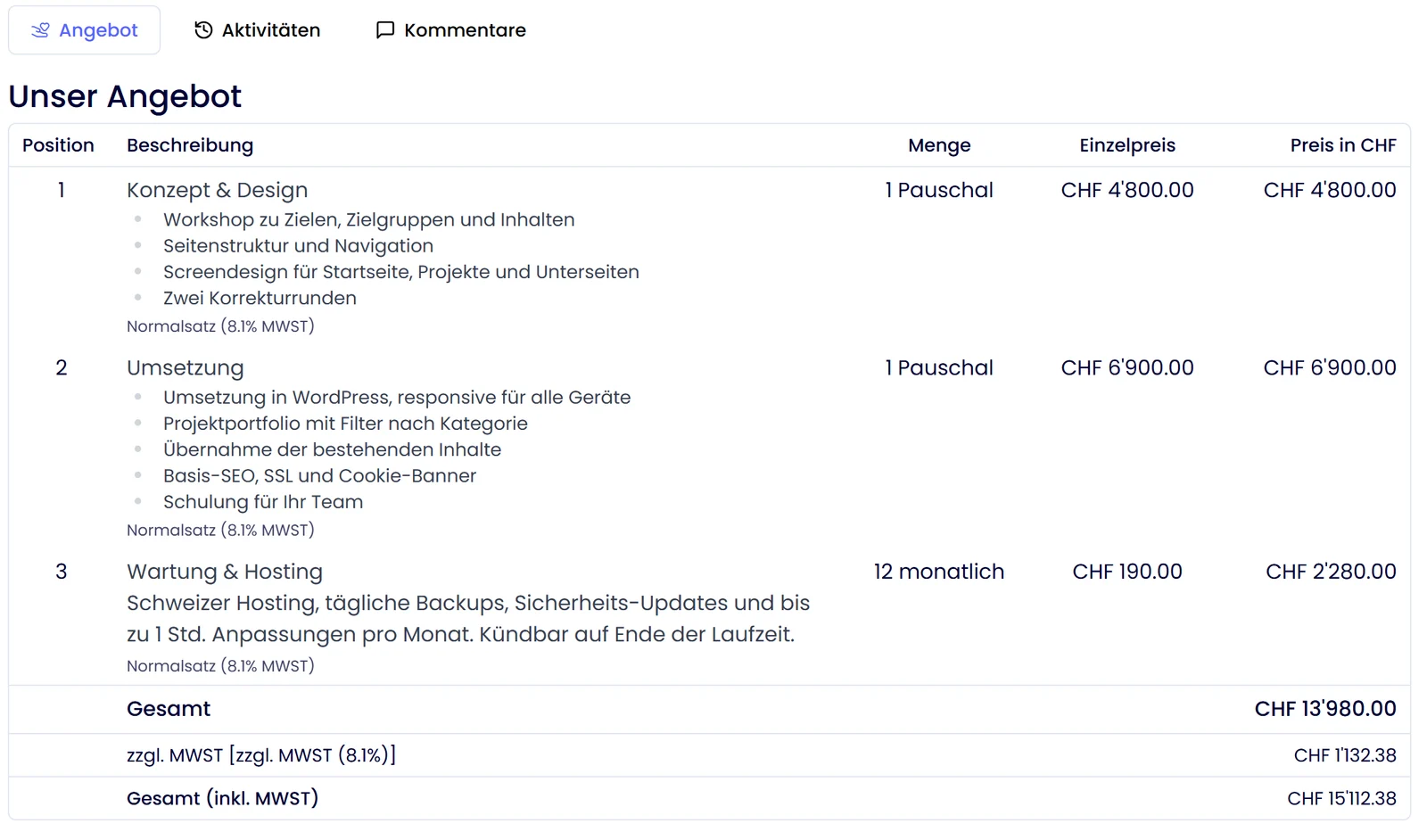 Saley: Angebot mit Positionen, Mengen und Gesamtpreis