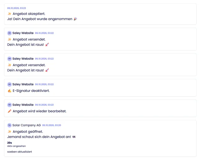 Saley: Aktivitäten eines Angebots – versendet, geöffnet, akzeptiert
